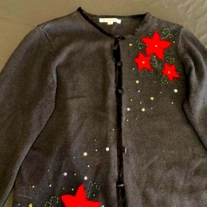 Women Red Flower Design Sweater